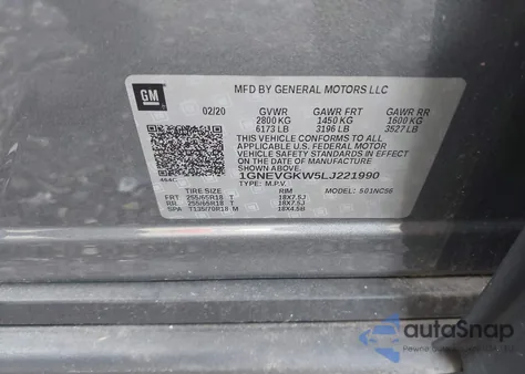 2020 Chevrolet Traverse Awd Lt Cloth z USA, uszkodzony, nr VIN 1GNEVGKW5LJ221990